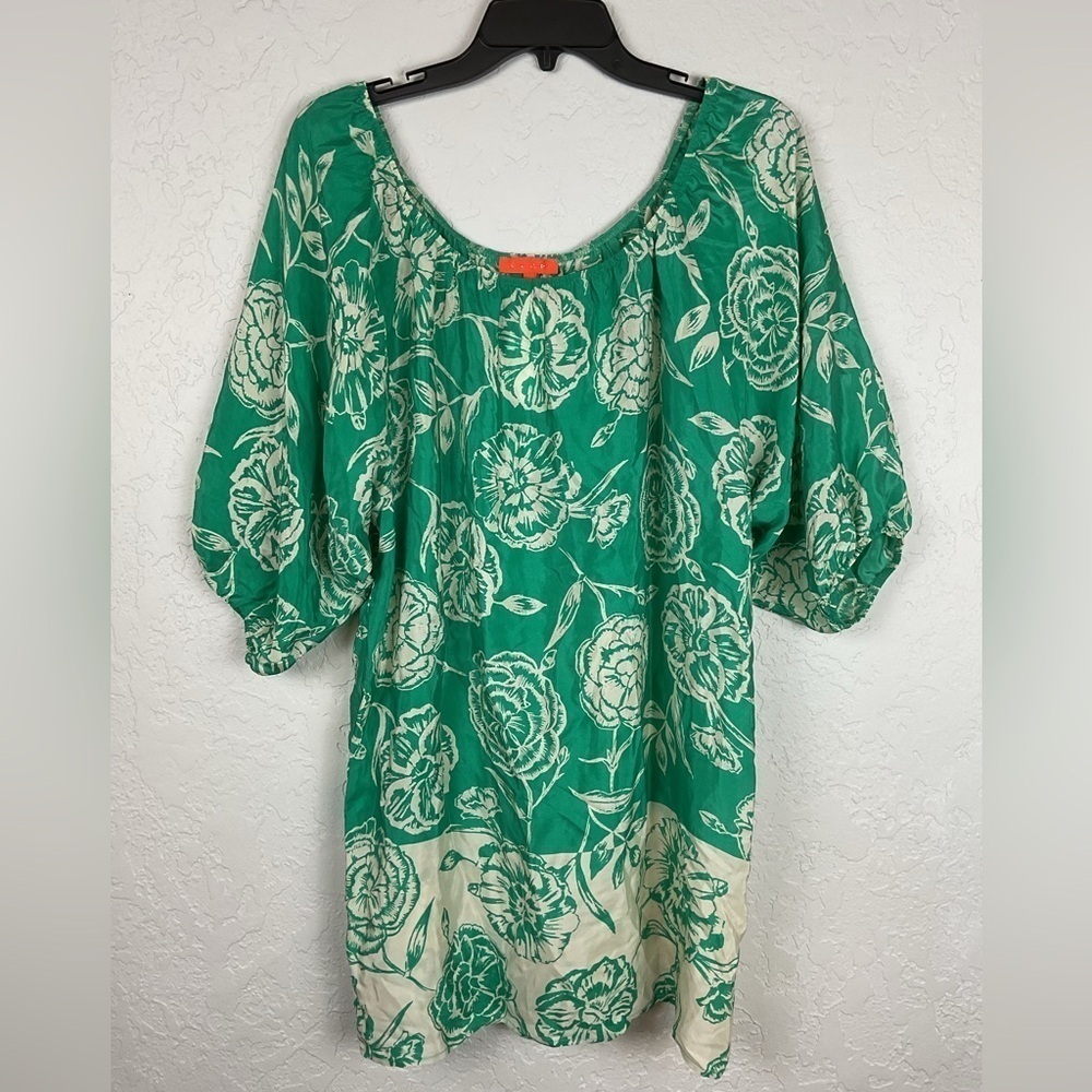 Women’s NWT Glam 100% Silk Green Cream Floral Off the Shoulder Dress Size Small